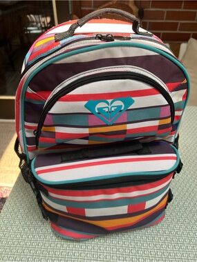 Roxy Striped Multicolor Backpack w/Teal Logo AND detachable lunch cooler. 2in 1.